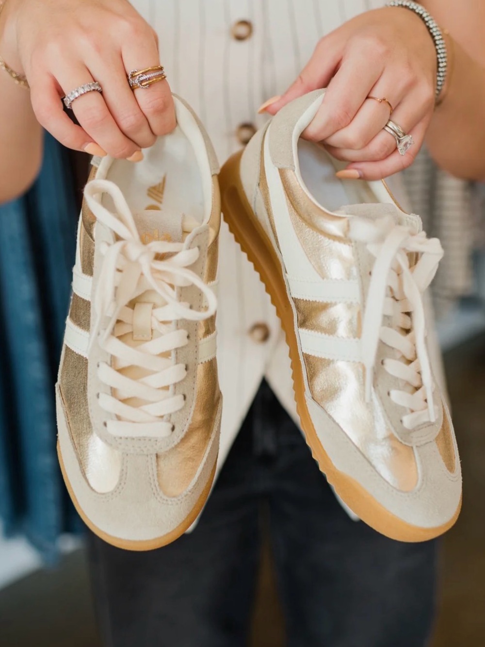Women's Metallic Gold Retro Trainer Sneakers
